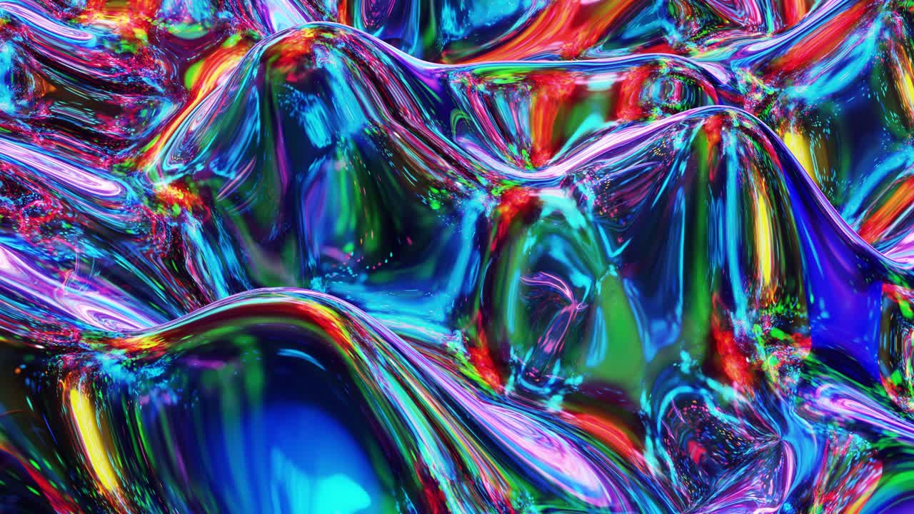 Liquid pattern like waves in looped motion. 3D stylish abstract iridescent bg of wavy surface like brilliant liquid glass with rainbow beautiful gradient colors. 4k trendy colorful fluid animation.