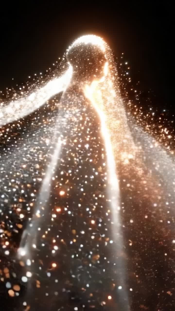 Uno spettacolo affascinante di particelle scintillanti che formano una silhouette spettrale, fondendo luce e ombra in un incantevole spettacolo visivo di bellezza eterea