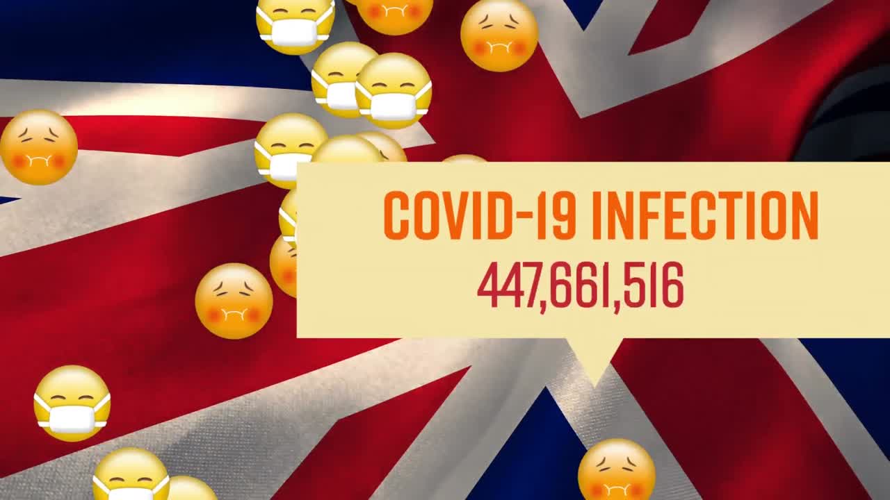 다중 아이콘 위에 영국 발의 애니메이션과 숫자를 가진 거품 연설