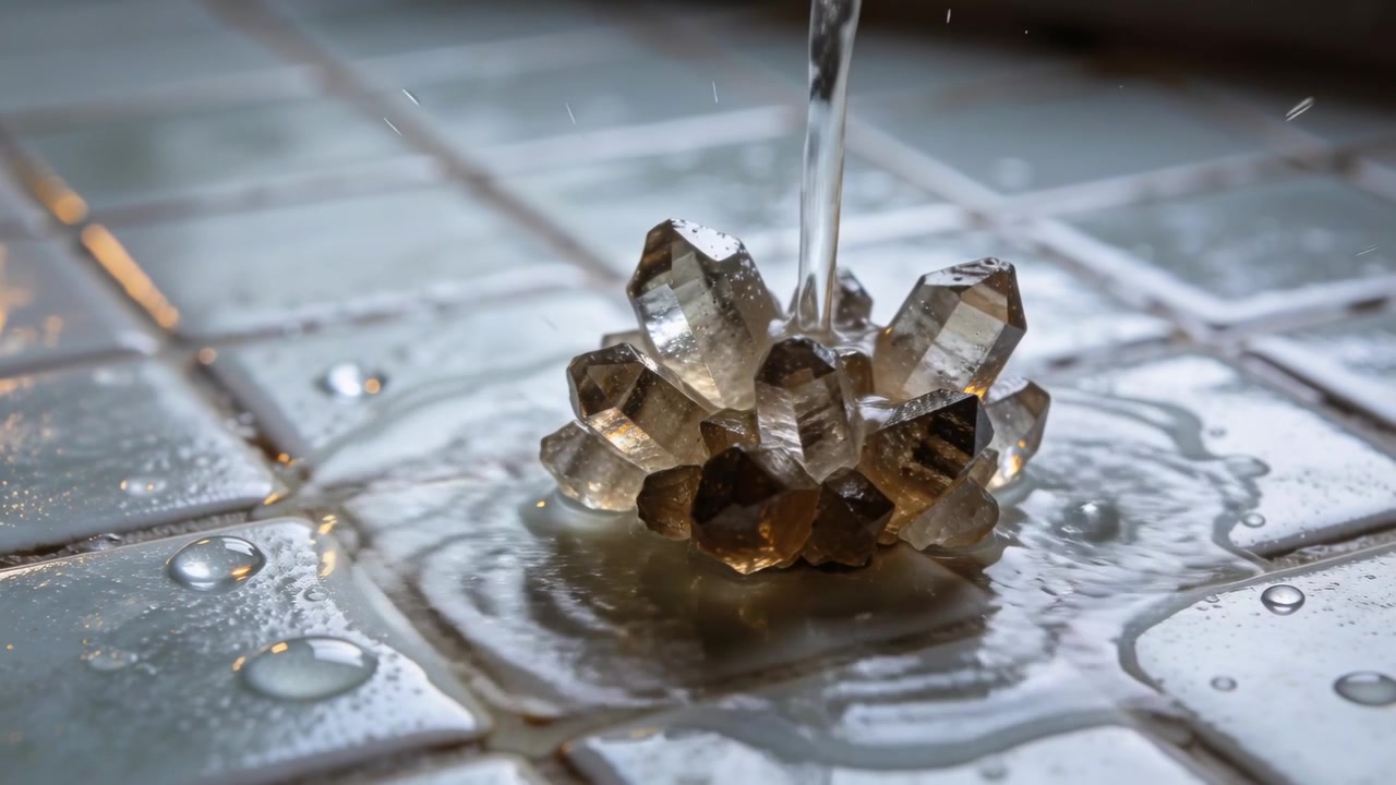 Acqua che scorre su un gruppo di quarzo fumé su una piastrella lucida, rivelando riflessi cangianti