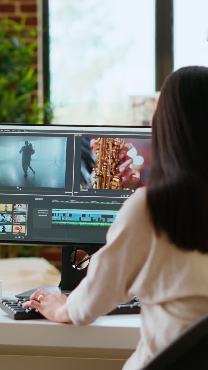 Video verticale: una video editor donna si concentra sulla color correction mentre lavora a un progetto cinematografico