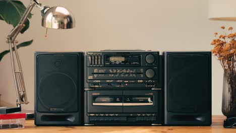 retro radio tape recorder, audio cassette close-up. listening to music, old radio boom box player, macro of vintage music listening. . high quality 4k footage