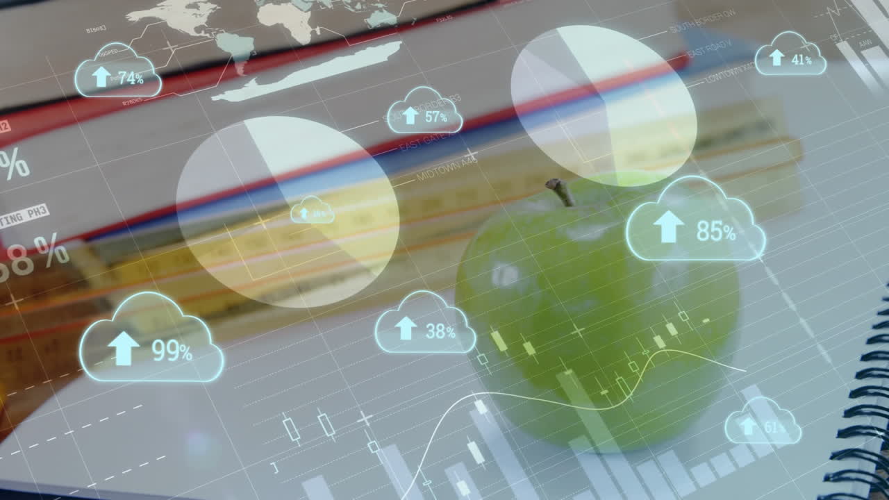 animación de un escritorio sobre el procesamiento de datos y las estadísticas que se muestran en el fondo