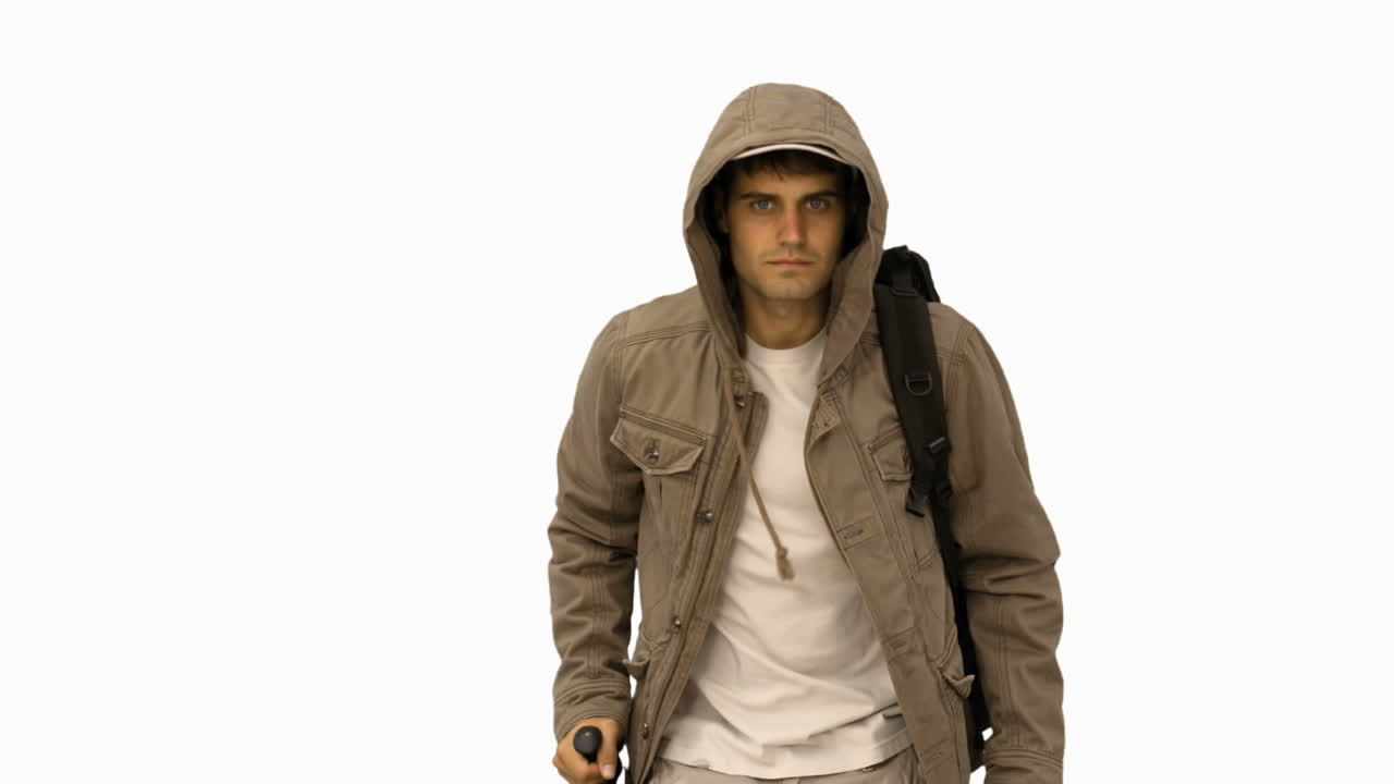 hombre guapo con un abrigo caminando en una pantalla blanca