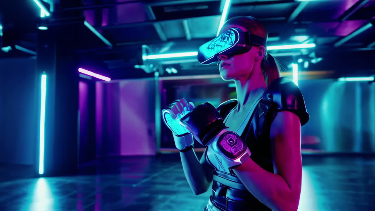 Donna immersa nel fitness VR futuristico o nel gaming