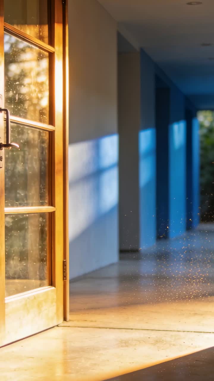 Video verticale: Luce solare che penetra attraverso una porta di legno socchiusa, mote di polvere che fluttuano nell'ingresso, spazio per il testo.