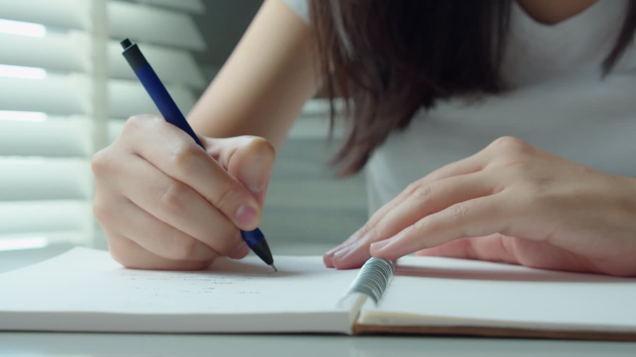 de cerca mano joven mujer está escribiendo notas y planeando su horario en la sala de estar en casa. mujer de negocios con bolígrafos y papeles haciendo notas en documentos informe en la mesa.