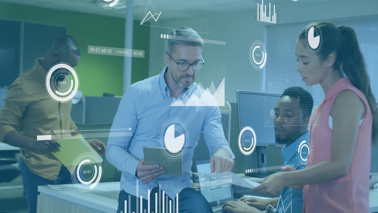 Collaborating with digital data analytics overlay, business professionals in modern office