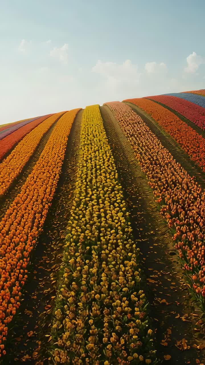 Video verticale: drone che avanza dolcemente lungo il solco di una fattoria, rivelando file di tulipani e petali caduti