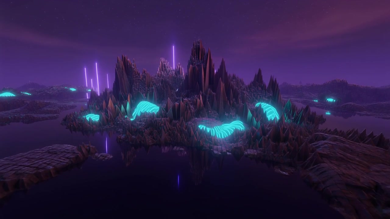 Paesaggio alieno astratto con strutture al neon luminose e cielo viola