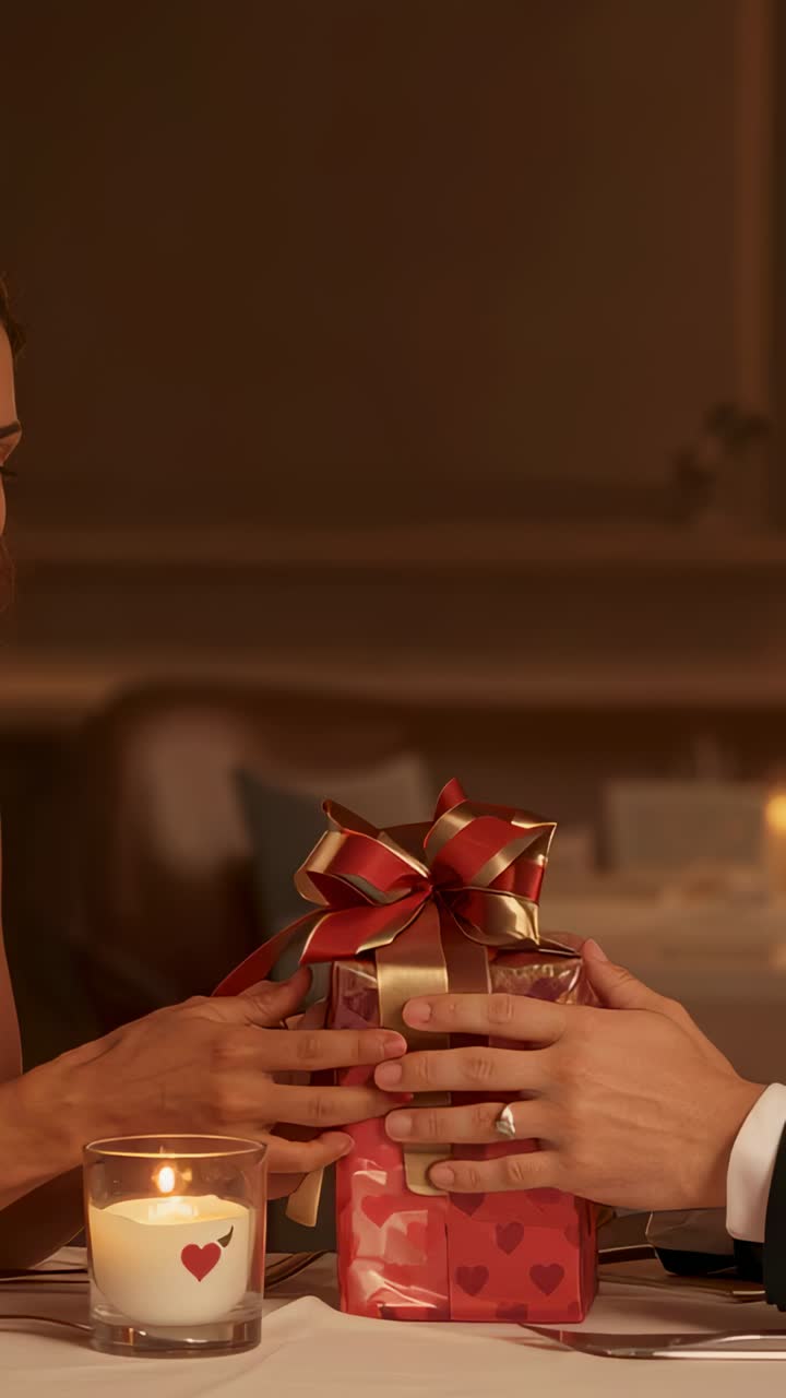 Vertical video: Reaching after box put woman left and suited man offering gift at table, candle lit