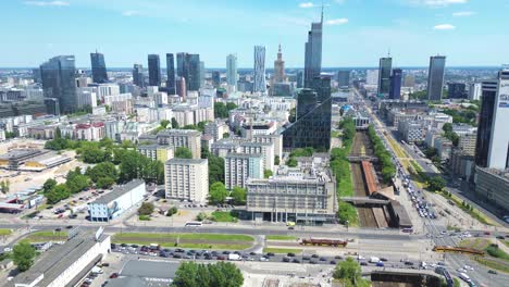 aerial panorama of warsaw, poland over the vistual river and city center in a distance