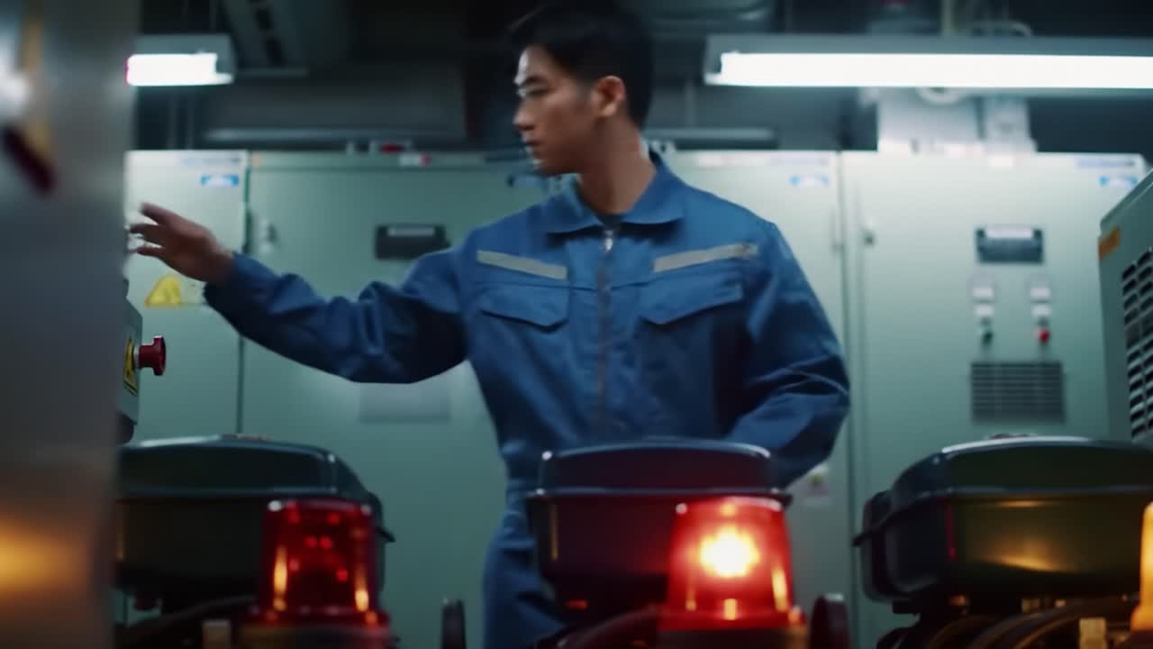 An Engineer in Action: Operating Equipment in a Control Room Focused on Machinery and Safety Protocols for Optimal Performance and Efficiency