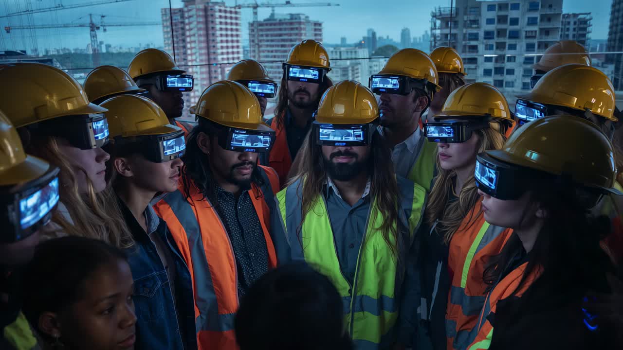 Comparing crew adjusting yellow hard hats, viewing AR displays on roof after headsets lighting