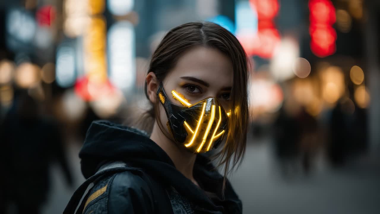 A Stylish Young Woman in an Illuminated Face Mask Captivates the Urban Night Scene, Blending Fashion with Futuristic Technology Amidst a Vibrant City Background