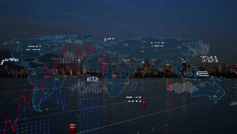 Animation-of-world-map-with-data-processing-over-cityscape