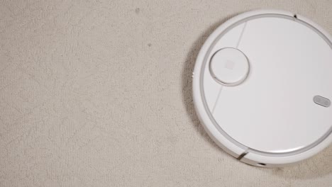 robot vacuum cleaner cleans carpet, top view