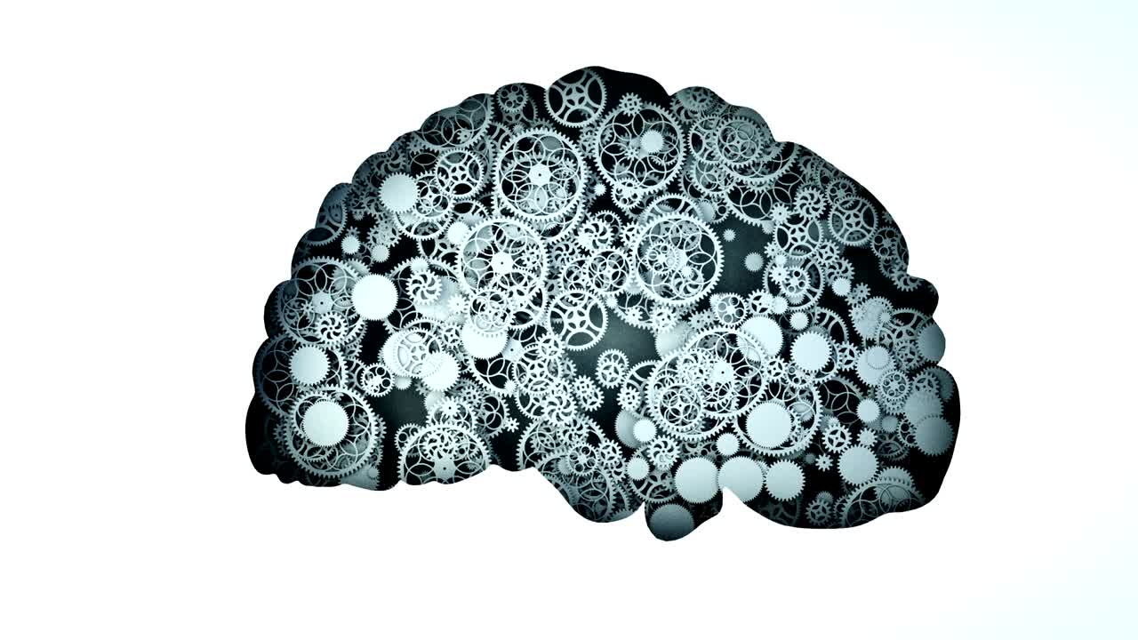 el cerebro saludable de engranajes. concepto de actividad mental. animación plana realista 4k.
