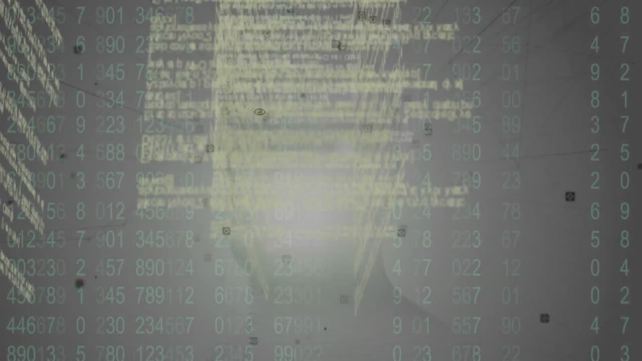 Animation of numbers changing and data processing over human head spinning in background