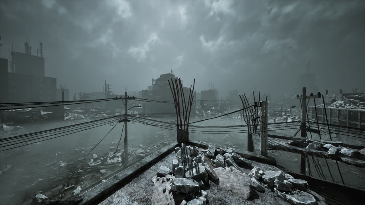 Urban landscape with abandoned structures and overcast sky in gloomy atmosphere