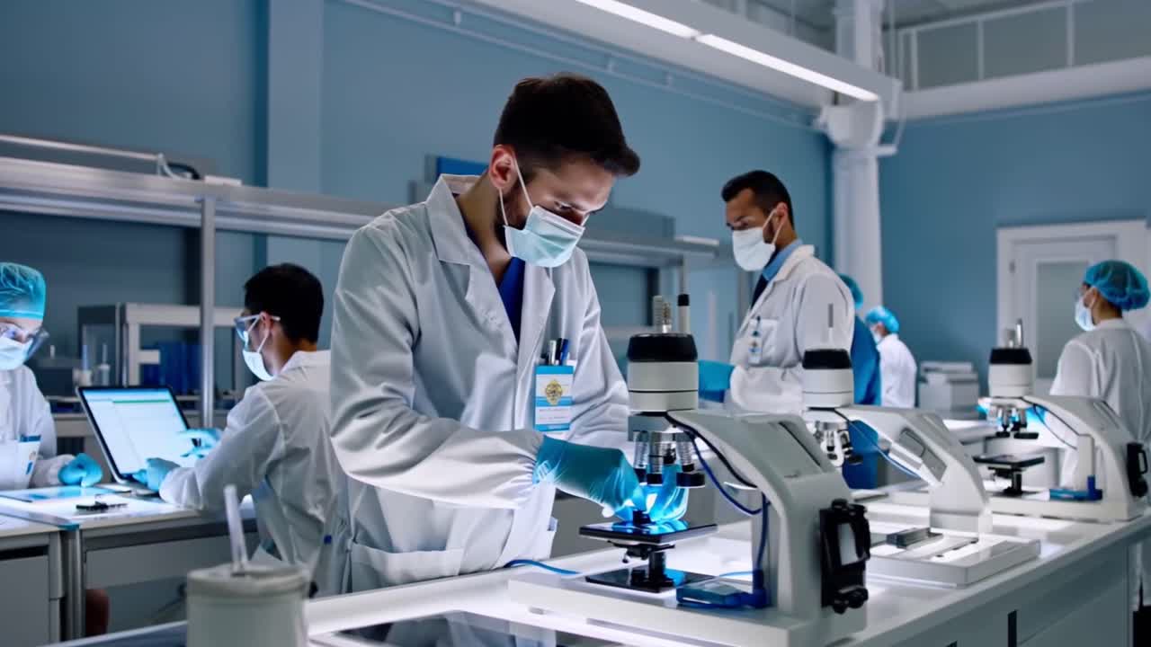 A group of scientists are working in a lab, wearing white lab coats and ...