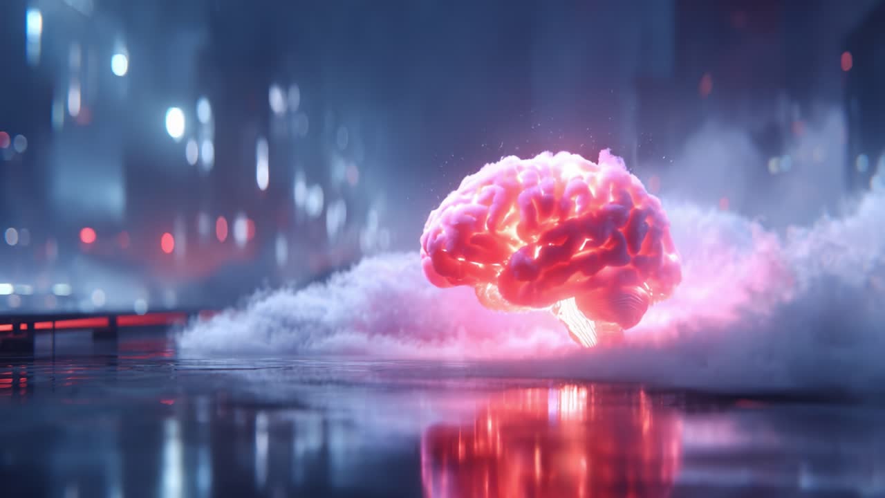 Una straordinaria rappresentazione visiva di un cervello vibrante e luminoso che emerge da nuvole eteree in un ambiente futuristico, a simboleggiare la potenza del pensiero e l'innovazione nell'era digitale