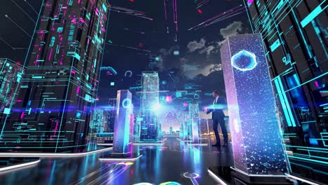 futuristic digital cityscape with people