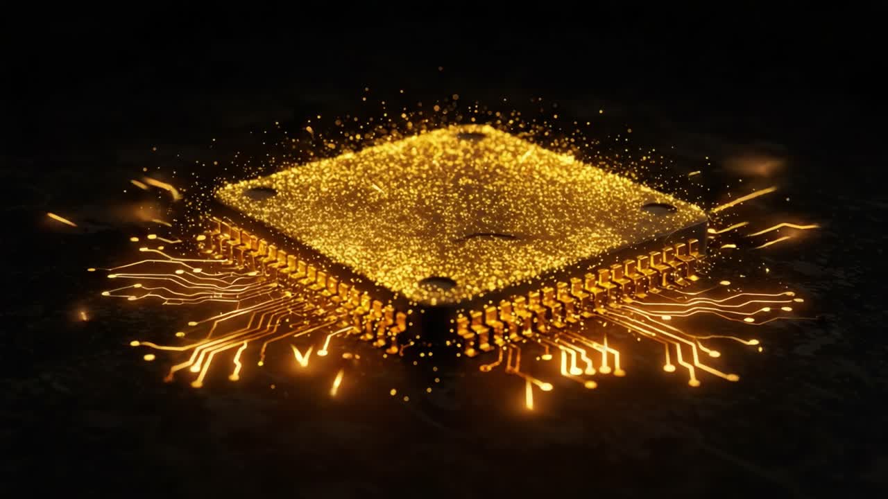 Illuminated Microchip Surrounded by Energetic Sparks and Circuit Patterns, Showcasing Fusion of Technology and Design in a Dark Environment