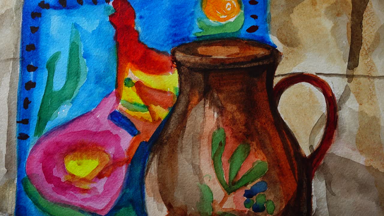 Natura morta da cucina sotto forma di vaso, mela e pera. Ripresa del disegno