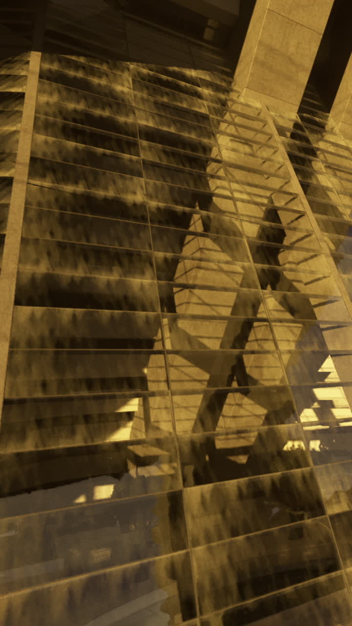 Modern building facade reflects light and shadows in urban setting