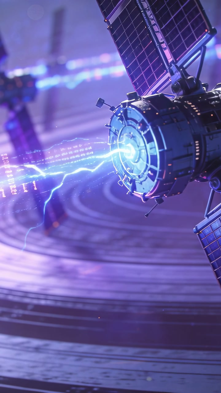 Vertical video: Port glowing, module sending blue data beam to left hub for data link with cube