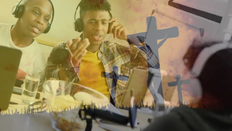 recording podcast with headphones and microphones, people with sunset animation and crosses