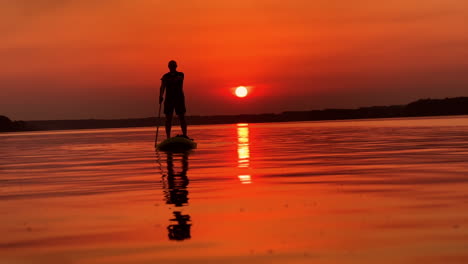 male silhouette standing steadily in the sup board. sportsman uses a long paddle to push the board by water.