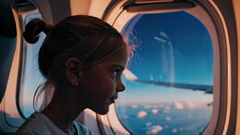 suave luz dorada proyectando cálidas luces en el rostro de la joven, mirando pensativamente a través de la ventana del avión durante la tranquila puesta de sol sobre el amplio paisaje nublado durante el viaje familiar