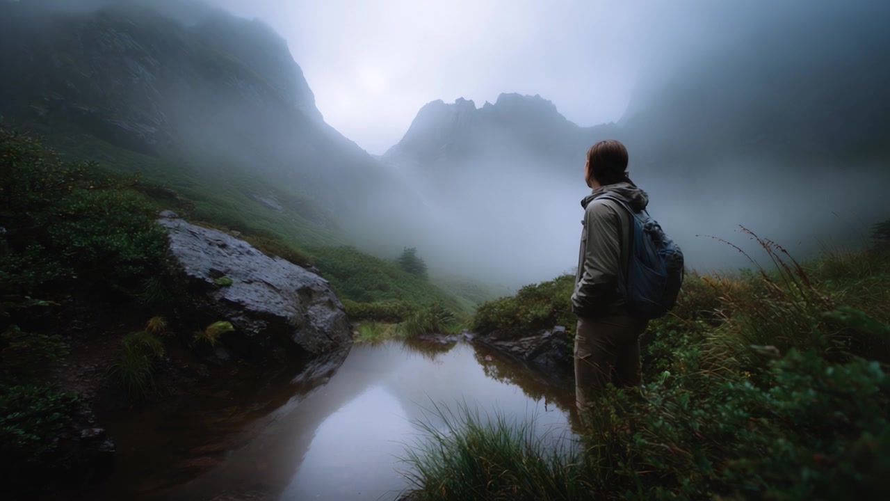 A solitary individual gazes into the misty mountains, surrounded by lush greenery and a tranquil pool reflecting the serene beauty of nature's wilderness.