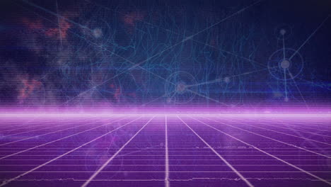 animation of network of connections and glowing digital waves against purple grid network