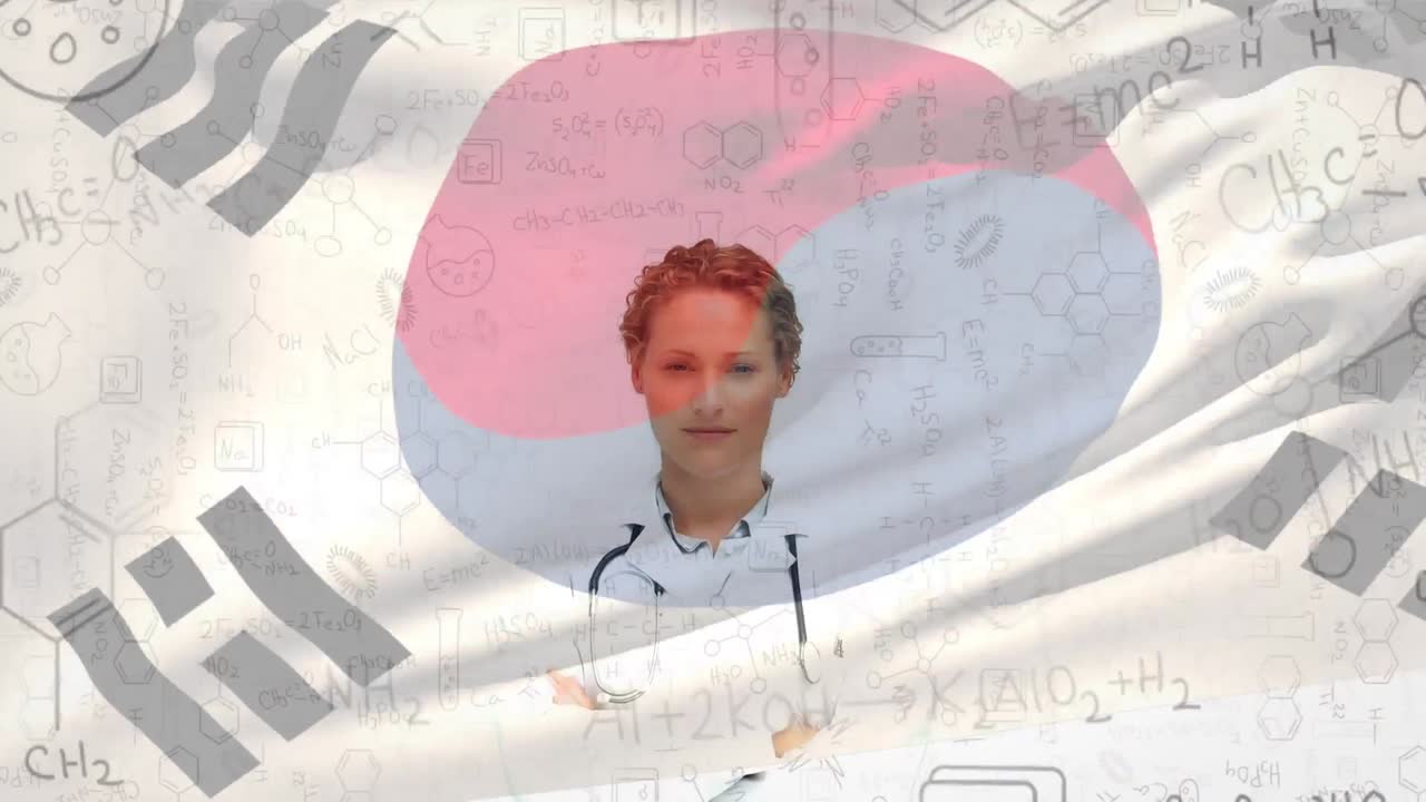 과학 방정식과 여성 의사 위에 불어오는 한국 국기의 애니메이션