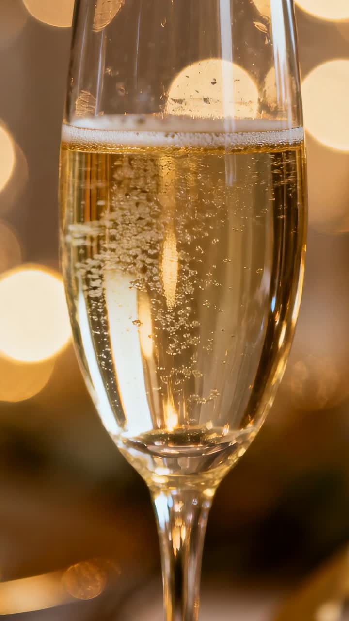 Video verticale: Flute spumeggiante con bollicine che salgono dopo la mescita in una sala per feste, con schiuma e effetto bokeh.