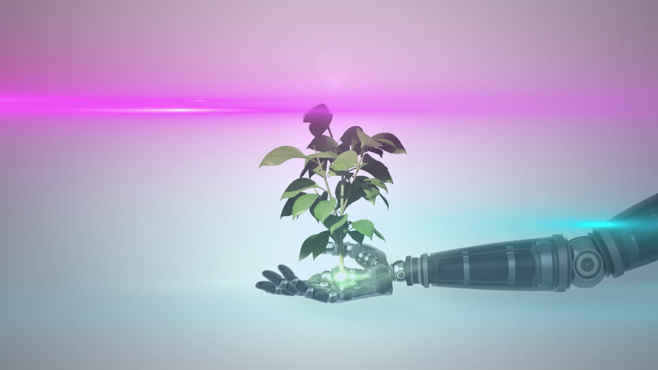 animación de una planta en crecimiento en la mano del brazo del robot, con luz rosa sobre fondo gris