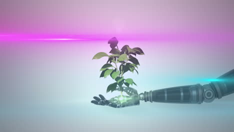animation of growing plant in hand of robot arm, with pink light on grey background
