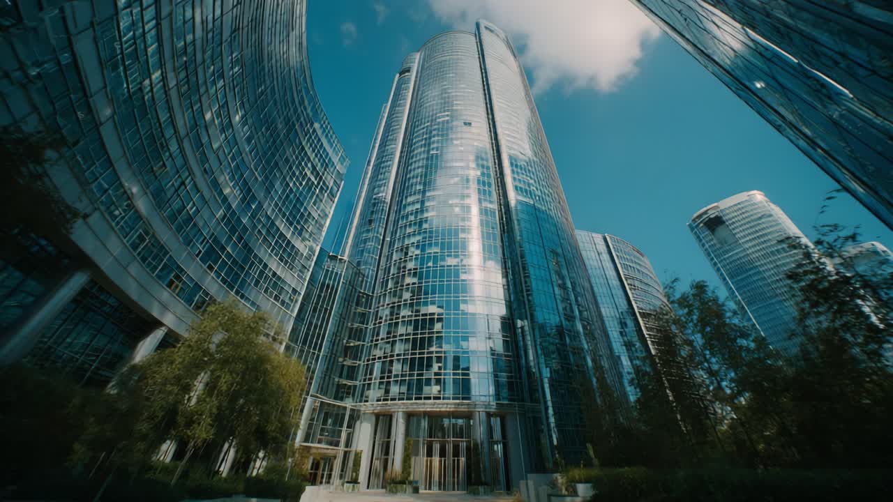 Una vista mozzafiato dell'architettura moderna: che cattura l'eleganza e la grandiosità dei grattacieli contemporanei illuminati dalla luce naturale