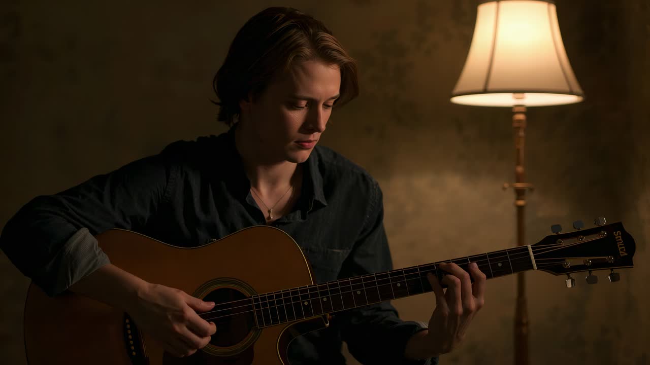 Chitarrista che si esercita in una stanza poco illuminata, con maglietta scura, chitarra e lampada, mentre guarda la tastiera