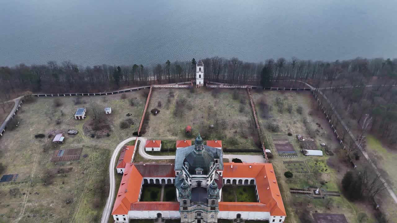 Tower of Pazaislis monastery in Kaunas, aerial drone view