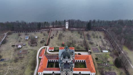 tower of pazaislis monastery in kaunas, aerial drone view