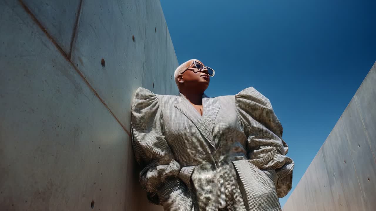 A Confident Individual in Unique Fashion Attire Against a Clear Blue Sky, Exuding Poise and Style Between Concrete Walls, Highlighting Contemporary Fashion Statements and Self-Expression