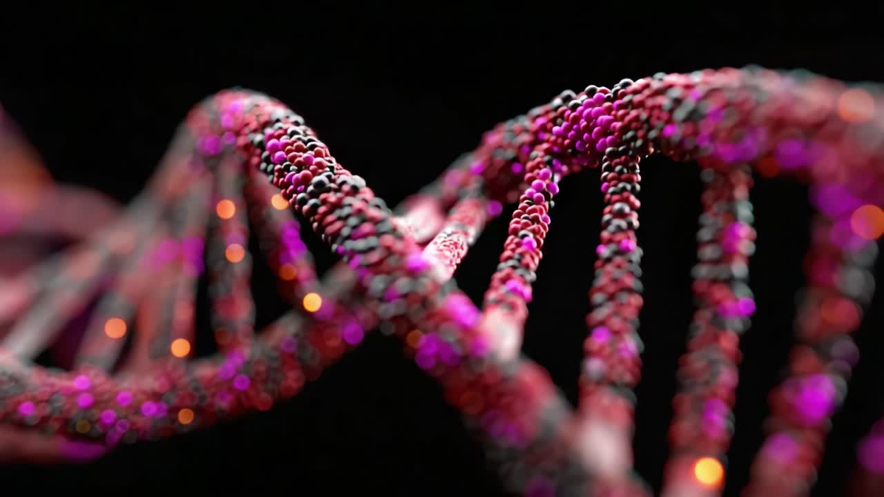 Primo piano di un'elica di DNA colorata, che mostra intricate strutture molecolari e vivaci motivi cromatici su uno sfondo scuro.