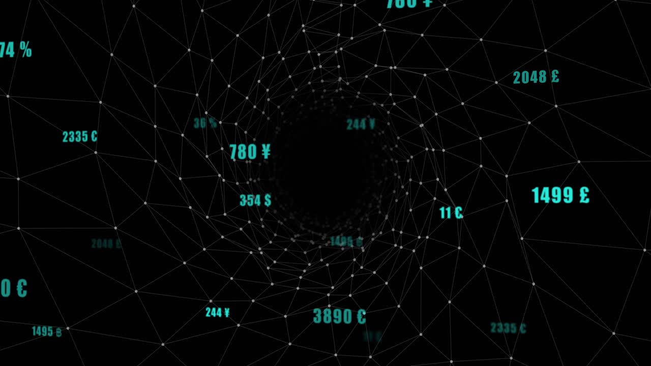 On start currency vortex rotating, neon labels emerging, scaling, drifting showing shifting values