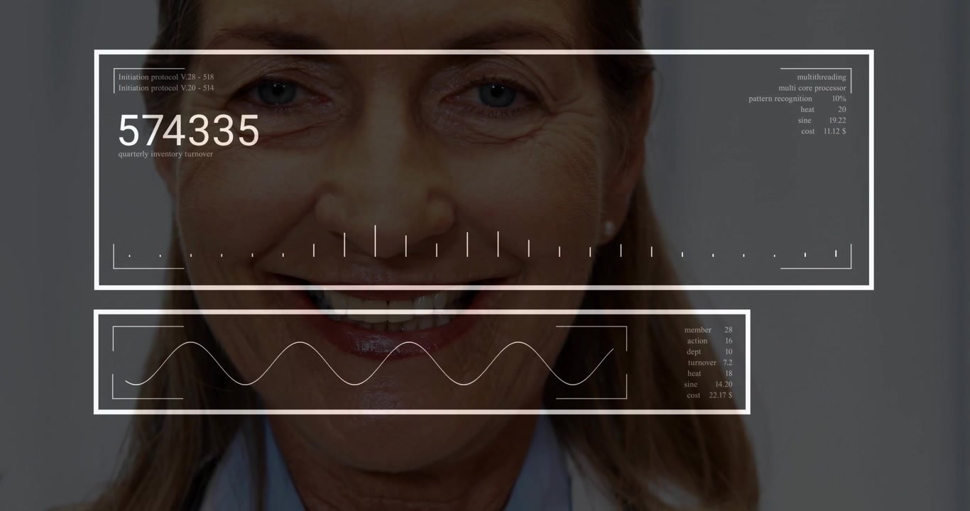 Medico anziano con stetoscopio, overlay HUD che appaiono ed elaborano dati per una scansione medica