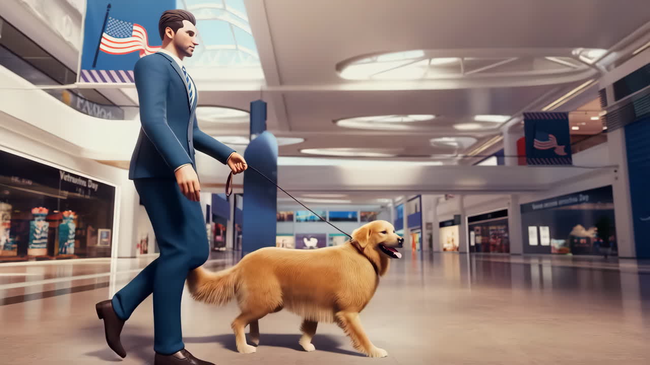 Man walking a golden retriever in a shopping mall