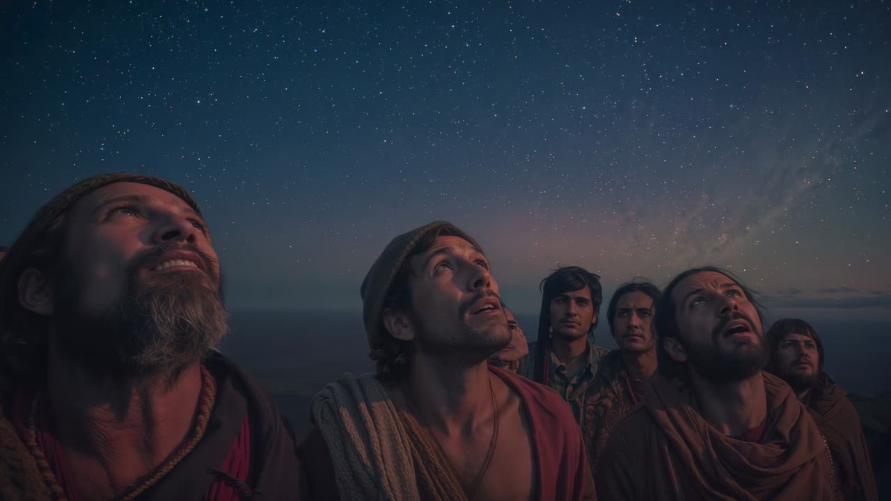 Tilting camera revealing six men gazing skyward on rocky rise at night, wearing tunics